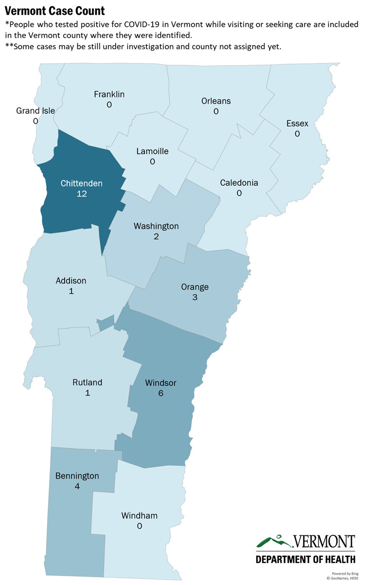 Vermont case count by county