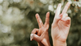 Two hands displaying peace signs