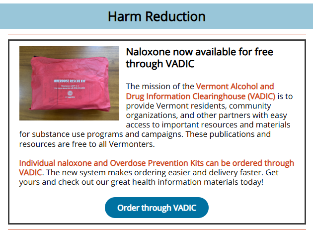 Sample image of the Substance Use newsletter. It shows an Overdose Prevention Kit.