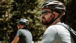Two bikers wearing helmets