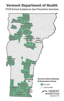 Map of Vermont with green shaded school supervisory unions indicating grant funded regions.