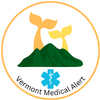 Whale Tails over green mountains above a star of life and the words "Vermont Medical Alert".